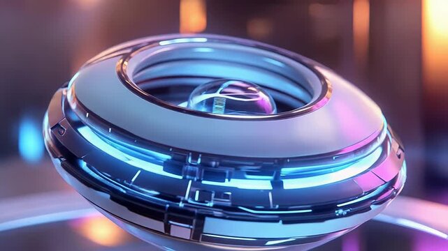 Futuristic device levitating and glowing with blue and purple lights