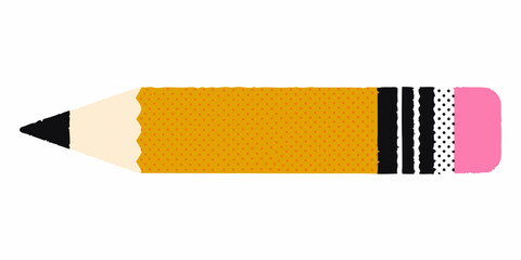 A stylized yellow pencil with orange polka dots and a pink eraser on a white background