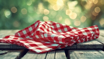 Obraz premium Red and white checkered cloth on wooden surface with bokeh lights in background.