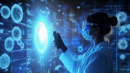 Scientist analyzing virus cells data on futuristic digital interface - Powered by Adobe