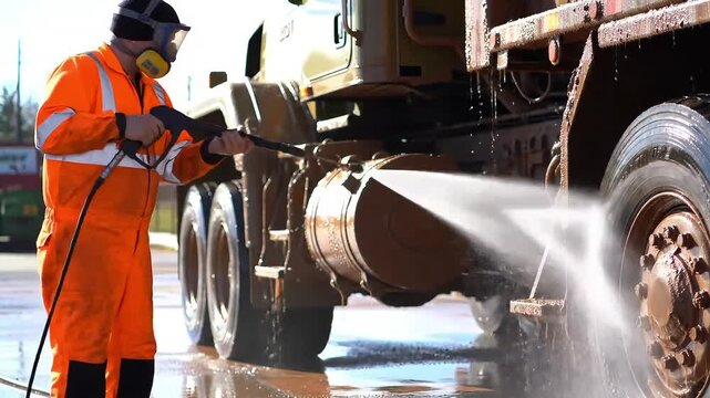 Worker in orange safety suit and ear protection pressure washing muddy dump truck