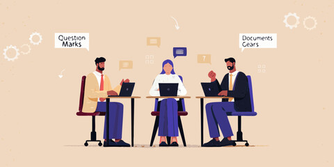 Diverse team collaborating on laptops with question marks and gears symbolizing ideas and processes