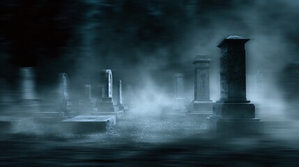Static shot of fluttering ghostly mist over spooky graveyard tombstones with eerie dark Halloween vibe.