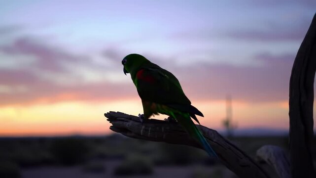 Parrot at sunset silhouette
