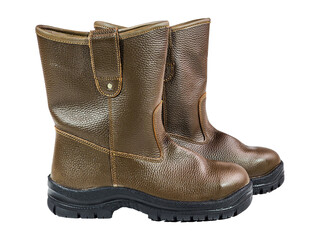 Pair of Brown Leather Work Boots on White Background