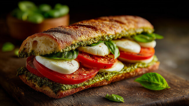 Close-up of a fresh Caprese sandwich with mozzarella, tomato, basil, and pesto on crispy ciabatta bread, captured on a rustic wooden board with vibrant natural colors