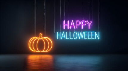 Minimalist abstract wallpaper with neon HAPPY HALLOWEEN typography and pumpkin outline, artificial precision lighting, vector digital sharpness, modern sleekness,