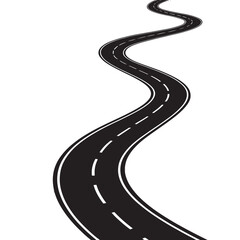 A 3D winding asphalt road illustration curves against a white background, symbolizing a long journey