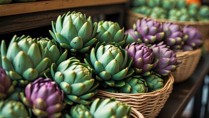 Obraz premium Cluster of green and purple succulents in wicker baskets on display.