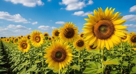 Obraz premium Vibrant Sunflower Field Under Blue Sky