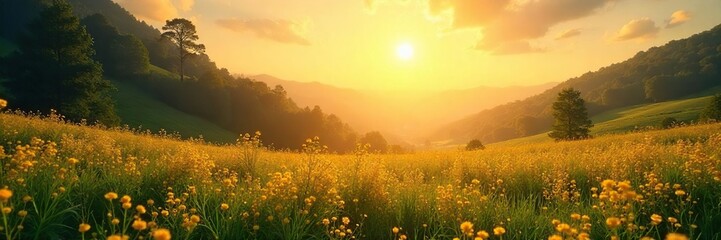 Obraz premium Serene landscape bathed in golden sunlight; a tranquil scene perfect for mindful contemplation and natural meditation Find inner peace amidst the beauty of nature , animals, natural, ground