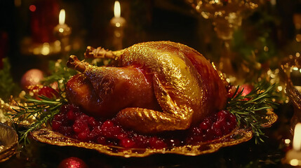 Roasted Turkey with Cranberry Sauce on Festive Table
