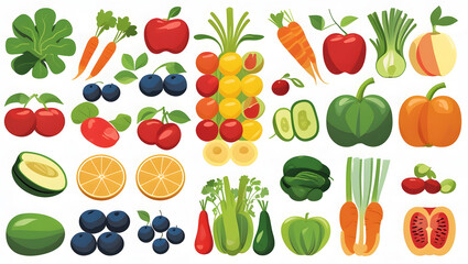 Obraz premium Fresh Fruits and Vegetables: A colorful collection of fresh produce, including crisp apples, juicy oranges, ripe avocados, and other fruits and vegetables, illustrating healthy eating.