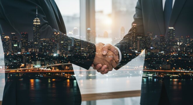 Business handshake with city lights overlay representing a deal or partnership. - Powered by Adobe