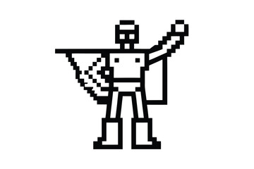 Black Outline Pixel Art Superhero Character with Cape on White Background