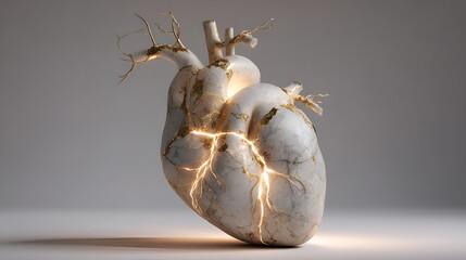 A cracked white heart with gold accents resting on a white surface against a grey background