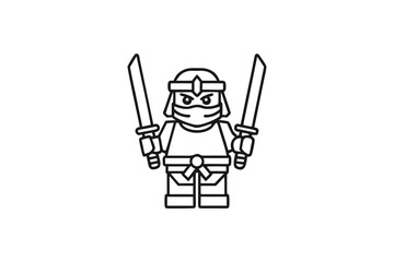 Black Outline Design Ninja Character with Swords on White Background