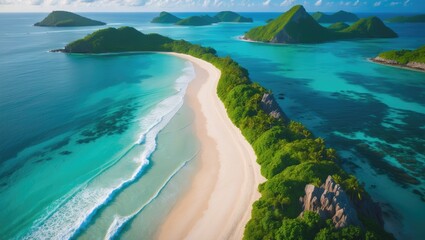 Obraz premium Aerial view of a tropical island with white beaches, turquoise waters, and lush green hills, showcasing a stunning coastal landscape.