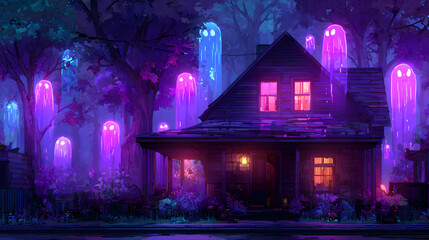 Obraz premium Neon purple haunted house with glowing windows and floating ghosts, cyberpunk style