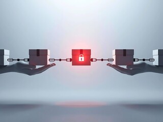 Human hands holding white boxes with chain and red neon closed padlock symbol. 3d rendering, security and safety concepts