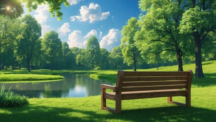 Obraz premium A peaceful park scene with a wooden bench overlooking a calm lake, surrounded by lush green trees and bright blue sky with scattered clouds.