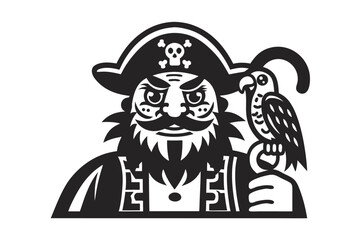 Black Pirate Captain with Parrot on White Background