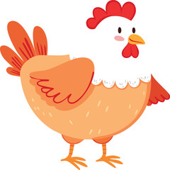 A cheerful cartoon hen with orange and white feathers, standing upright with a happy expression.