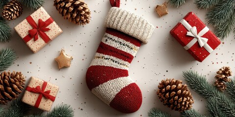 Colorful Christmas stocking surrounded by festive gifts and pinecones on a snowy background