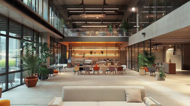 Modern open plan office interior with colorful furniture and plants