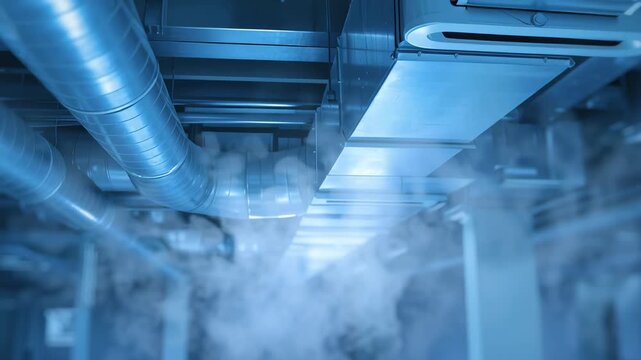 Modern ventilation system with pipes producing mist, representing climate control, cooling, and air conditioning technology footage.