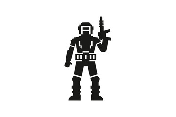 Black Silhouette of SciFi Soldier Holding Gun on White Background Art