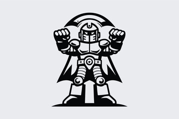 Black Robot Character with Fists Up Cartoon Style Design on White Background