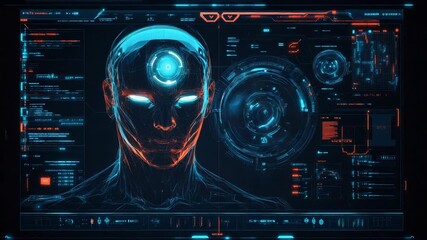 Futuristic head scan displaying data analysis and biometric information - Powered by Adobe