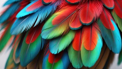 Obraz premium Colorful bird feathers with vibrant hues of red, blue, green, and orange showcasing intricate detail.
