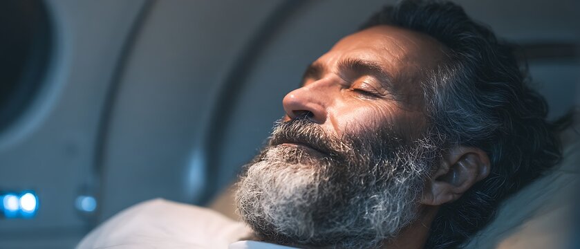 Calm older man undergoing hyperbaric oxygen therapy for improved health
