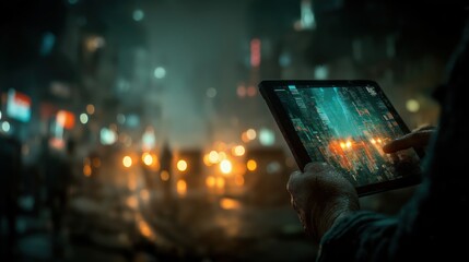 夜の都市でデジタルインターフェースを操作するタブレットを持つ手 | Hand holding a tablet operating a digital interface in a night city