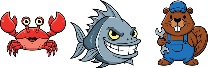 Funny cartoon crab, grinning fish, and cute beaver in overalls holding a wrench isolated on white background vector illustration.
