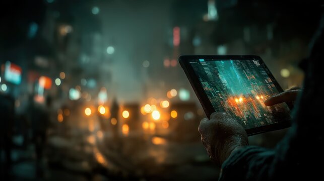 夜の都市でデジタルインターフェースを操作するタブレットを持つ手 | Hand holding a tablet operating a digital interface in a night city - Powered by Adobe