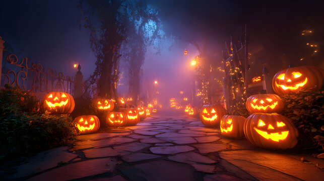 Outdoor Halloween pathway lined with carved lantern pumpkins, volumetric moonlight rays cutting fog, long exposure for glowing streaks, dramatic intensity - Powered by Adobe