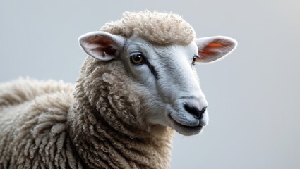 Close-up of a sheep with woolly coat and expressive face.