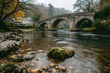 Fototapeta premium Stone arch bridge over a river in a misty forest setting.