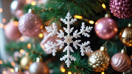 Decorative snowflake ornament on a Christmas tree with pink, gold, and bronze baubles. Festive holiday decorations. Christmas tree decorations.