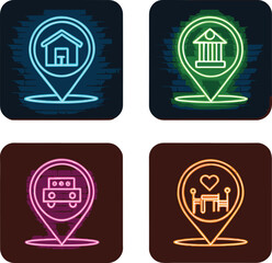Neon Location Pin Icons with House, Courthouse, Taxi, and Dining Symbols on Dark Background
