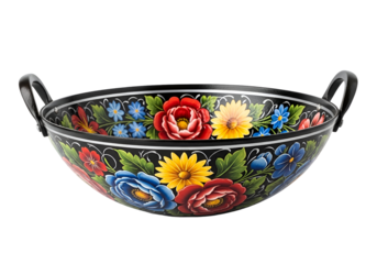 A decorative wok with vibrant floral motifs, displayed against a black background.