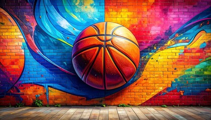 Basketball illustration on a colorful brick wall with wood floor street art style