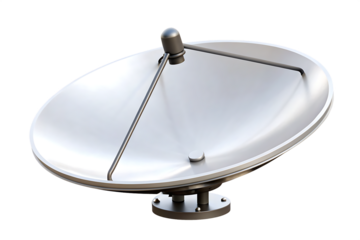 Silver satellite dish antenna with metal stand isolated on a transparent background