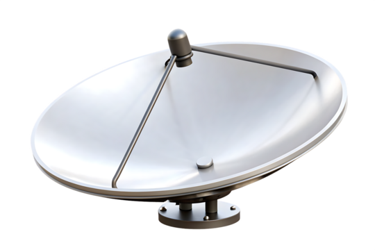 Silver satellite dish antenna with metal stand isolated on a transparent background