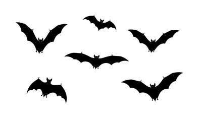 Black bat silhouettes flying against a white background perfect for Halloween designs and spooky themes