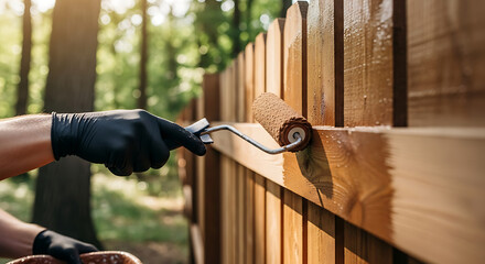 Applying protective stain to a wooden fence with a roller for maintenance and preservation