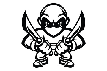 Cartoon Ninja Warrior Ready with Katana Swords in Black and White